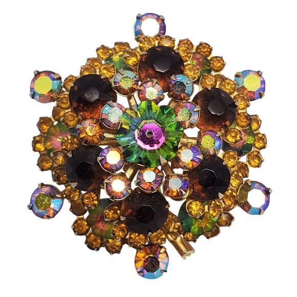 Watermelon Rivoli Rhinestone Dome Brooch Round Floral Starburst Pin Mid Century - Picture 1 of 8